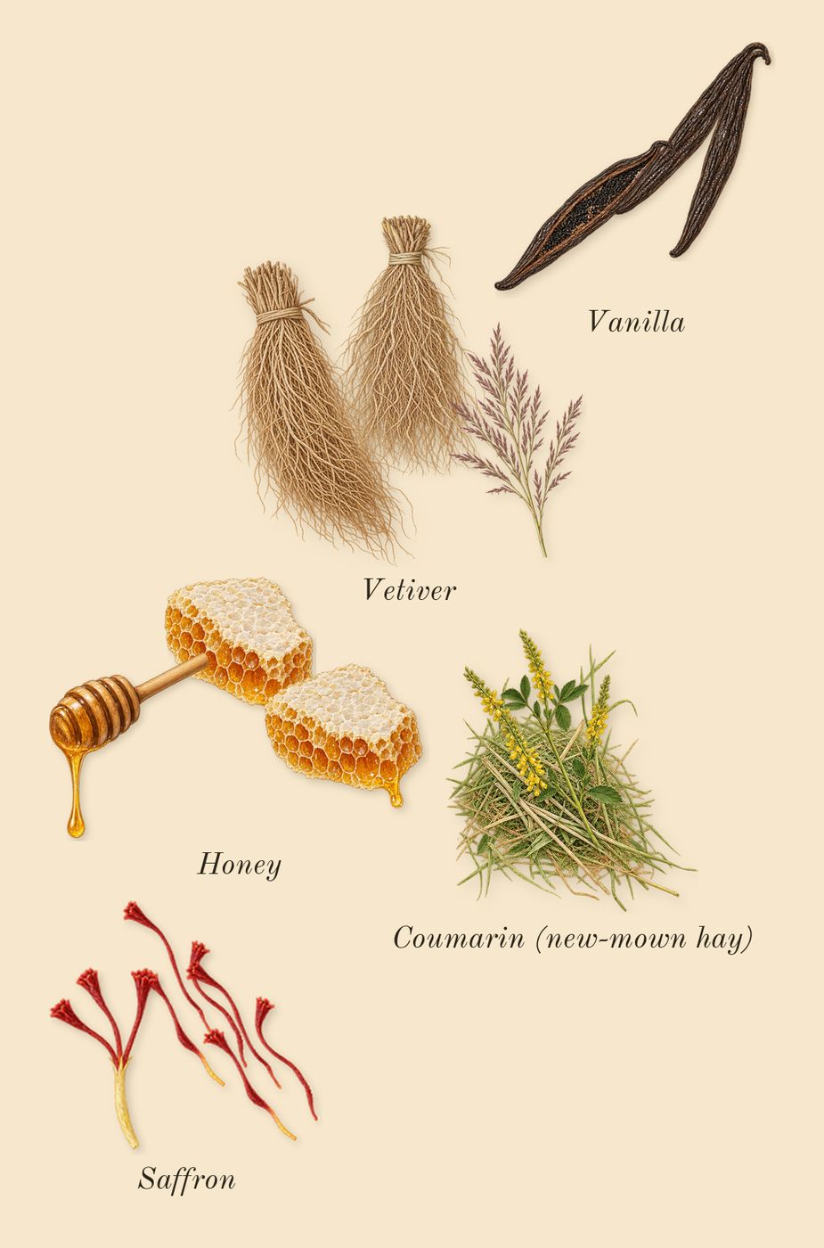 Libre Le Parfum, dry-down: Saffron, Vanilla, Honey, Vetiver, Coumarin (new-mown hay)