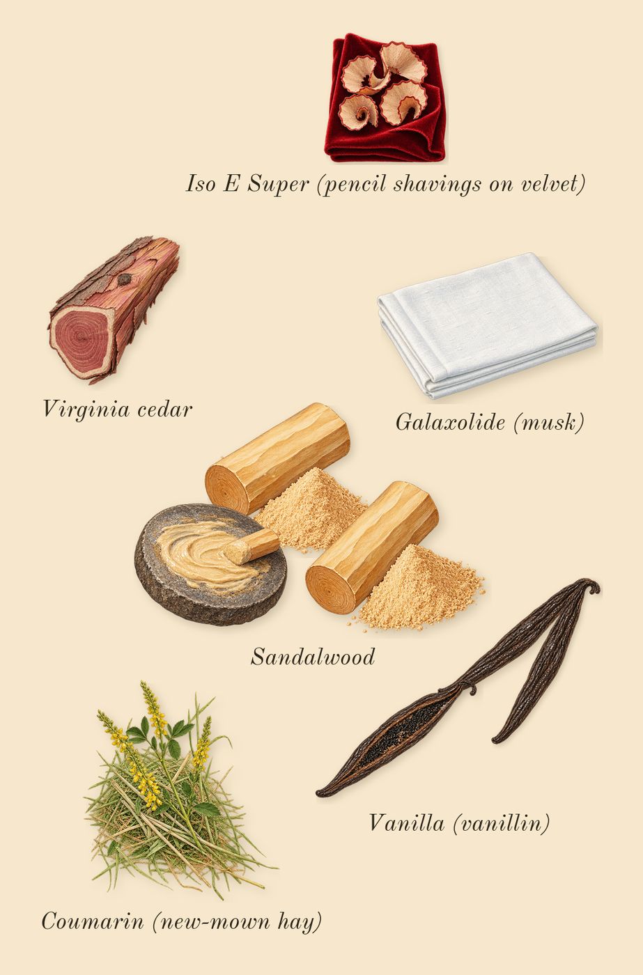 Zadig, dry-down: Vanilla (vanillin), Sandalwood, Virginia cedar, Iso E Super (pencil shavings on velvet), Galaxolide (musk), Coumarin (new-mown hay)