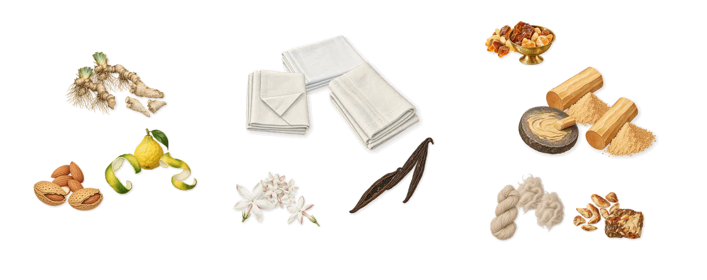 The Muse Velvet Vanilla’s scent picture, a draft: bergamot, iris, almond, vanilla, jasmine, white musk drawn so far; dashed outlines where nothing is drawn yet