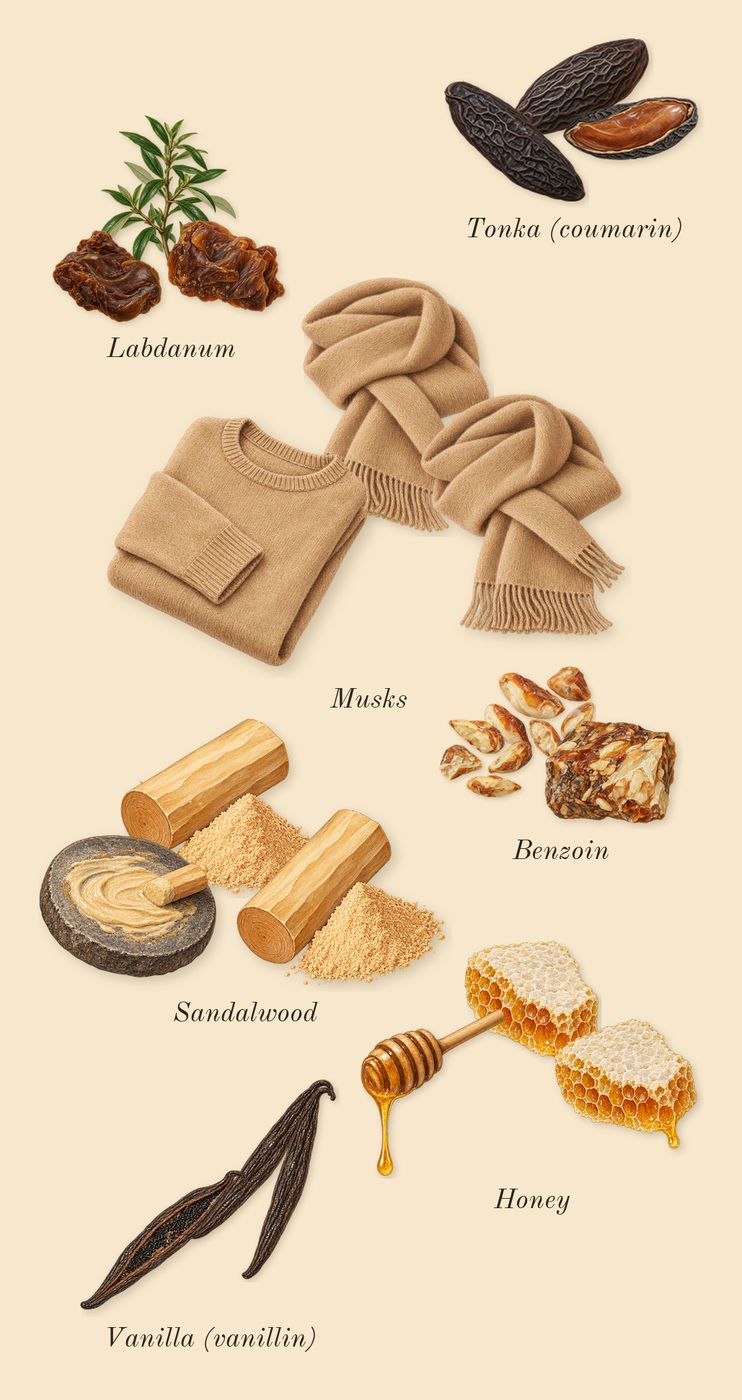 Bee, dry-down: Benzoin, Labdanum, Musks, Sandalwood, Tonka (coumarin), Vanilla (vanillin), Honey