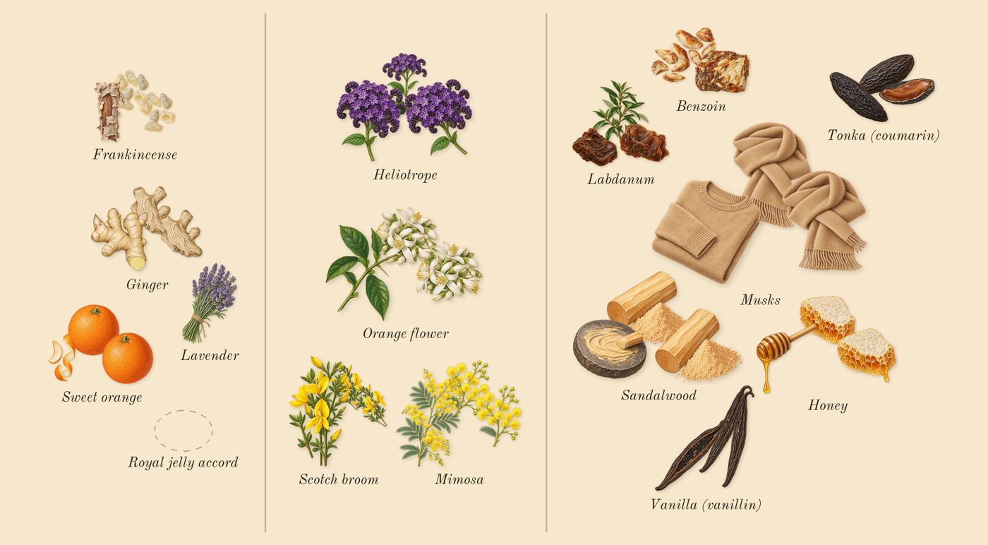 Bee’s scent picture, a draft: sweet orange, ginger, scotch broom, heliotrope, mimosa, orange flower drawn so far; dashed outlines where nothing is drawn yet