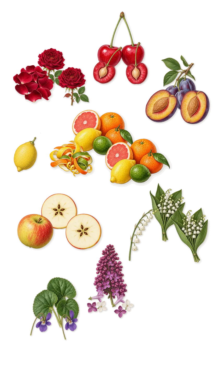 Hummingbird, when you spray it: Apple, Cherry, Citrus notes, Lilac, Lily of the valley, Plum, Rose, Violet, Lemon