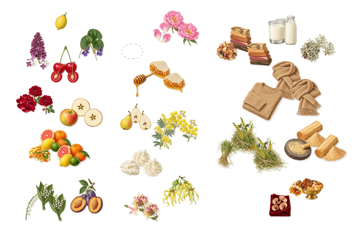Hummingbird’s scent picture, a draft: apple, cherry, citrus notes, lilac, lily of the valley, plum drawn so far; dashed outlines where nothing is drawn yet